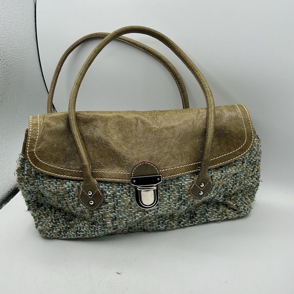 Helen Welsh Italy Tweed Leather Handbag Blue Brown Satchel Purse Wool Blend